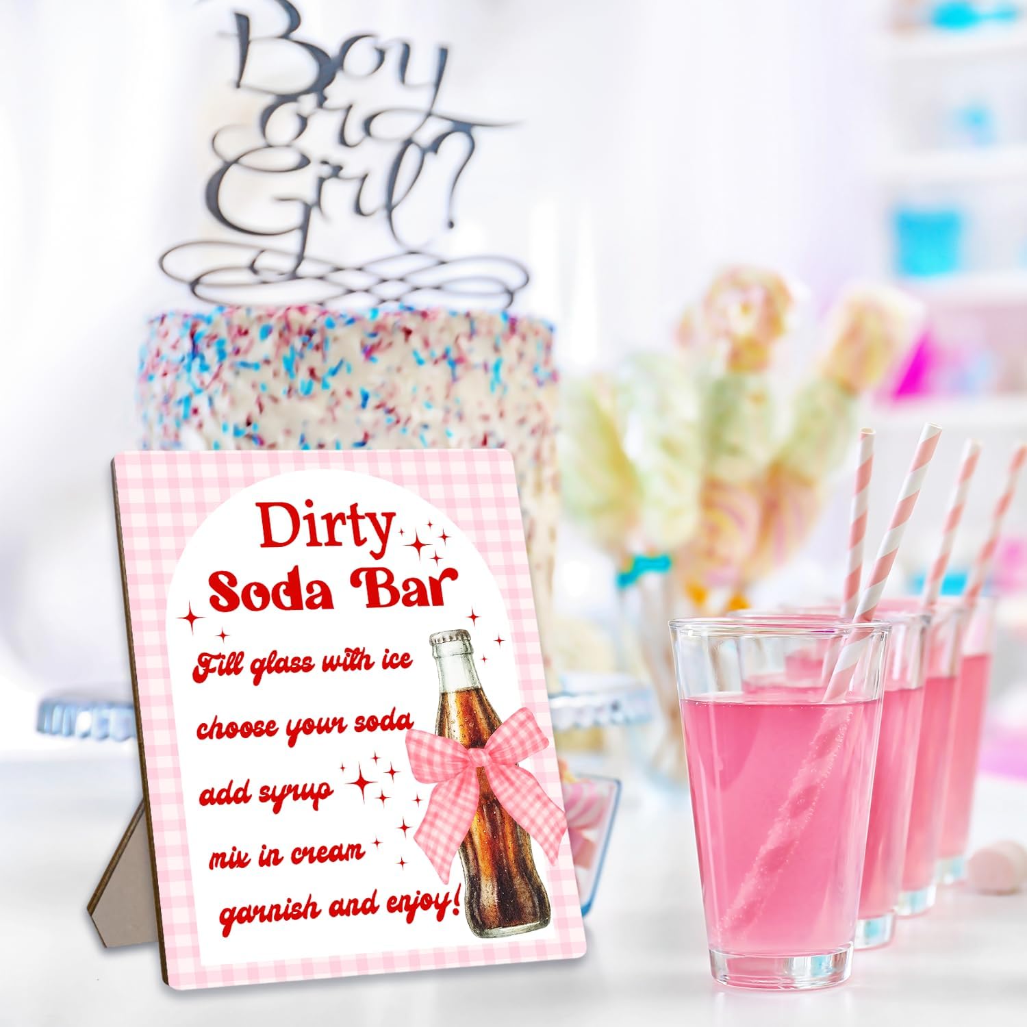 Dirty Soda Bar Sign for Baby Shower or Wedding Party- She's Ready to Pop Soda Bar Instructions and Menu, Pink Bow Wooden Party Sign for Gender Reveal, Bridal Shower Tabletop Decor, 8x10 Inch