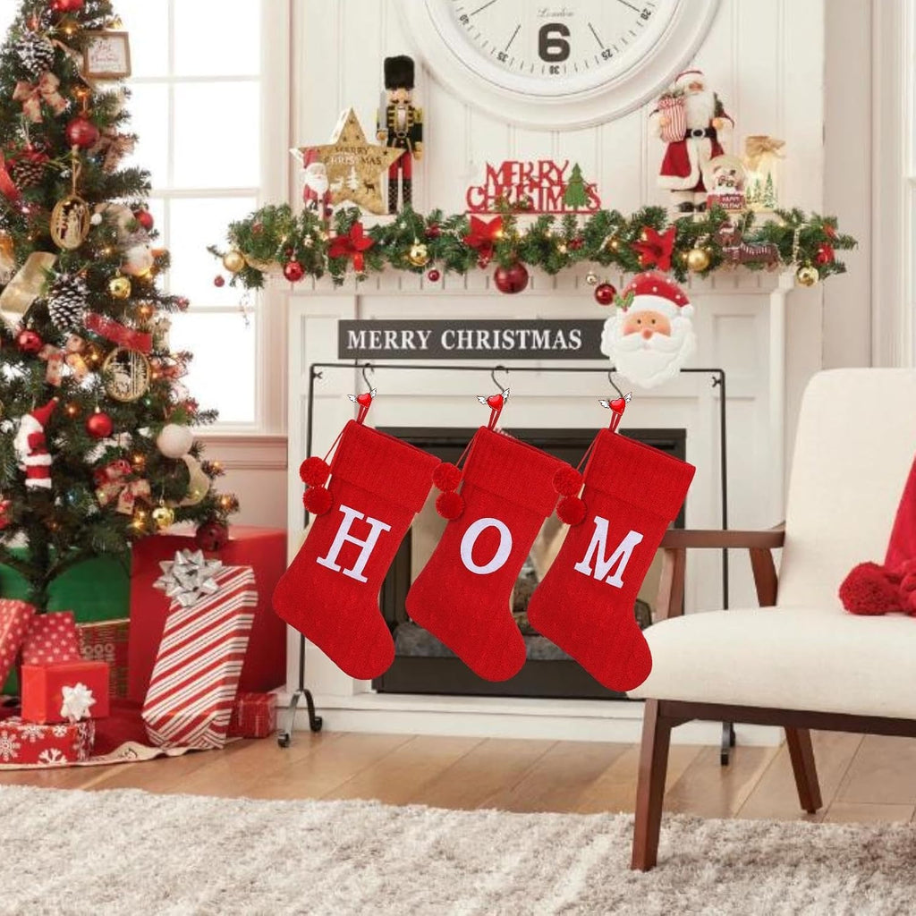 Personalized Christmas Stocking 19 Inch - Red Cable Knit with Monogram Embroidery & Pom Poms, Family Fireplace Hanger for Holiday Decor, Red Letter J
