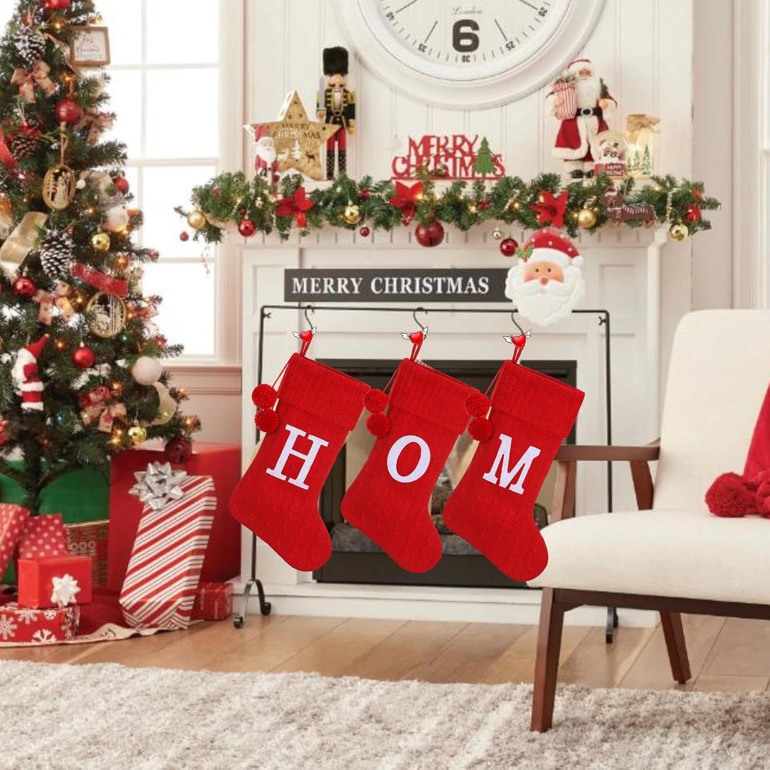 Personalized Christmas Stocking 19 Inch - Red Cable Knit with Monogram Embroidery & Pom Poms, Family Fireplace Hanger for Holiday Decor, Red Letter J