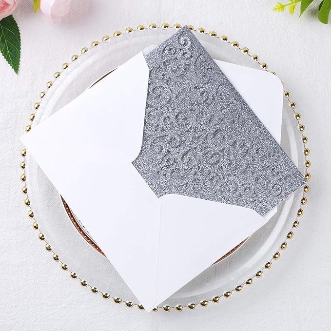 PONATIA 5.12 x 7.2 Laser Cut Invitation Pocket, 20 Tri-Fold 5 x 7 Laser Cut Wedding Invitation Pockets with Envelopes for Wedding Bbay Shower Birthday Sweet 16 Invite (Silver Glitter, No Inner Sheet)