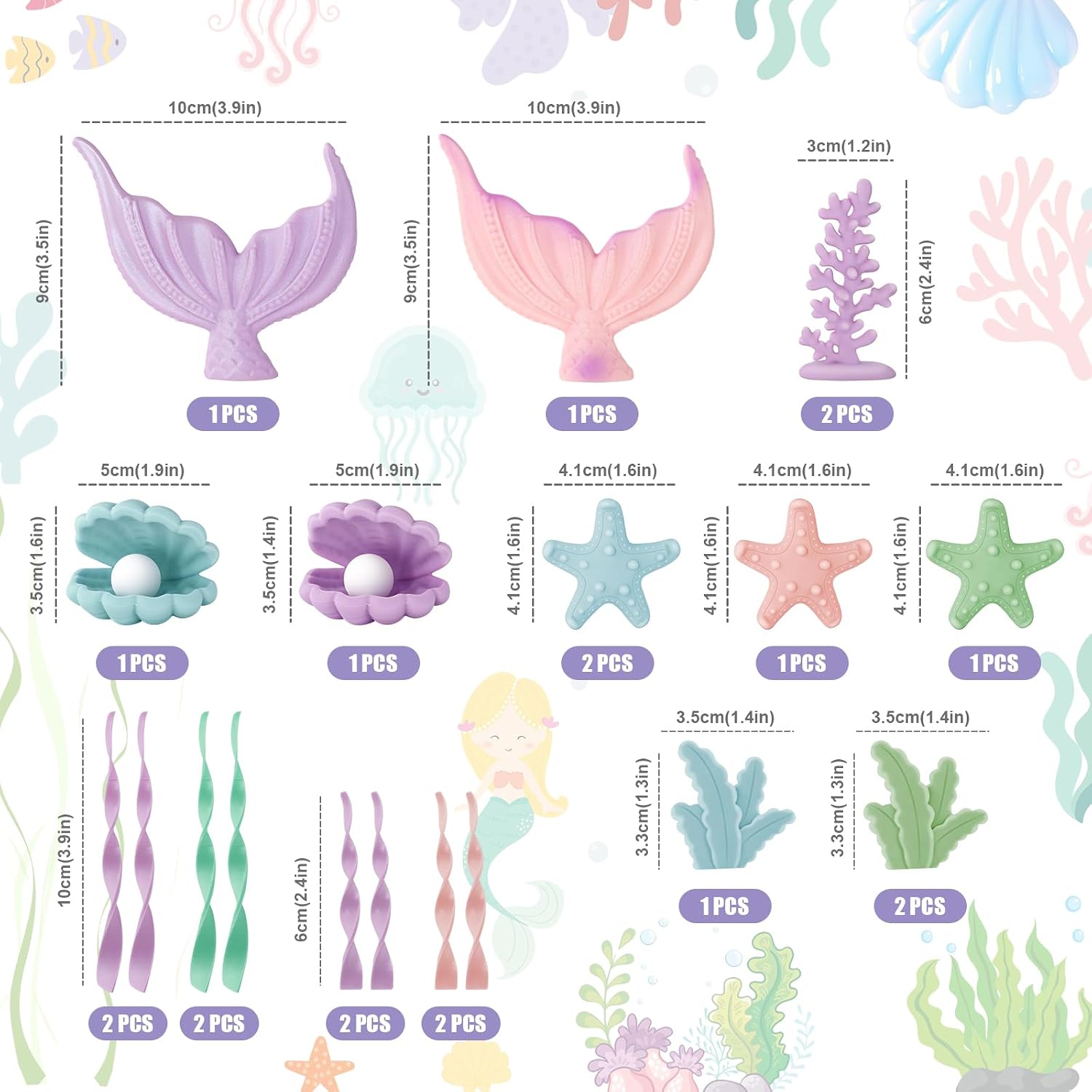 21pcs Mermaid Cake Topper - Mermaid Tail Cake Decorations with Seaweed Shells Starfish Coralal Under the Sea Cake Decorations for Birthday Party Decorations (Pink Purple)