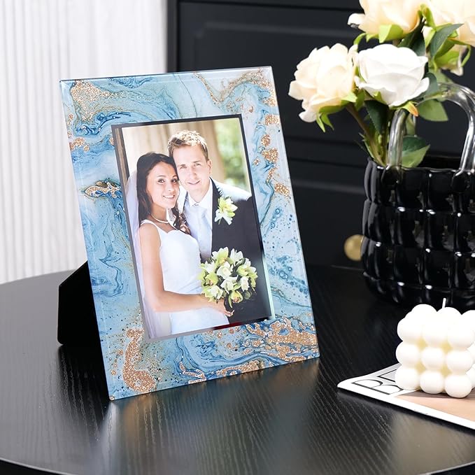 Cuspin 5x7 Blue Picture Frame, Luxury Blue and Gold Glass Wedding Frame 8x10 Marble Decorative Photo Frames for 5x7 Photos, Glamorous Elegant Frame for Tabletop, Gift, Home Office Display