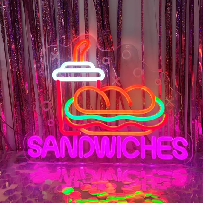 Sandwiches Neon Sign Sandwich Neon Signs for Wall Decor, Food Drinks LED Lights for Restaurant Food Shop Kitchen Party Dinner Decor, 13.3" x 10.3"