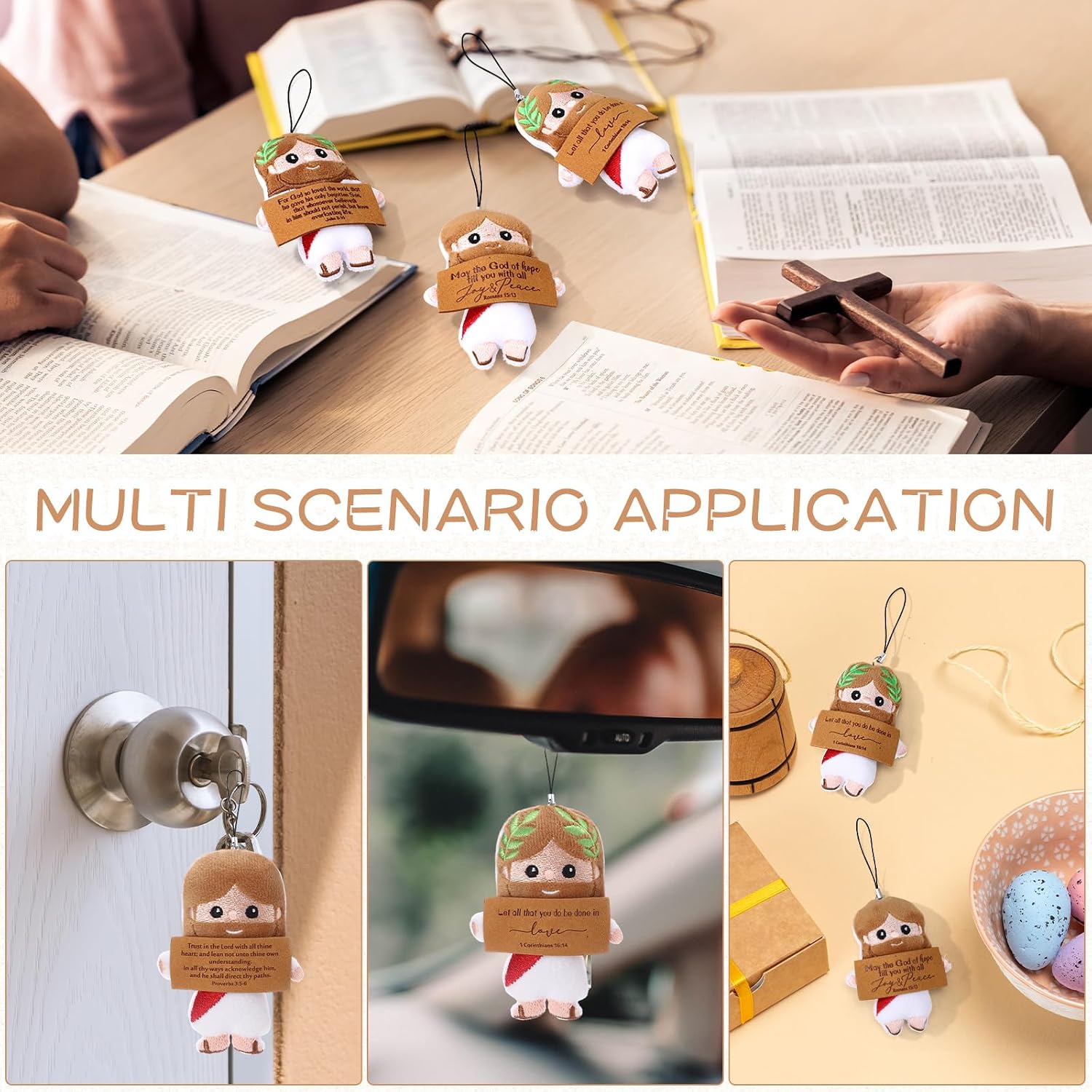 20 Positive Jesus Gift Plush Bulk Christian Gifts for Church Pendant Savior Religious Keychain with Inspirational Card for Sunday School Bible Study Group Baptism Party Favors Women Men