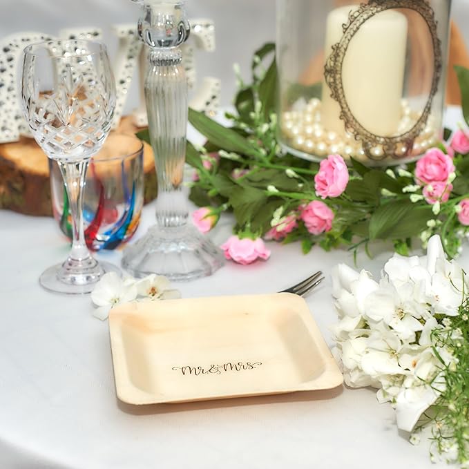 Mr. and Mrs. Disposable Wedding Plates – Rustic, Compostable Alternative to Plastic Plates for Wedding Receptions, Engagement Parties, and Rehearsal Dinners (Appetizer, 50-Pack)