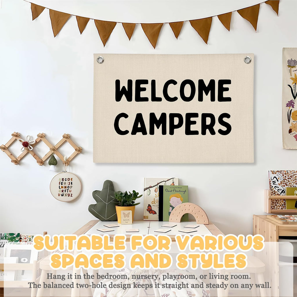 Camp Banner, Welcome Campers Camping Classroom Decor, Summer Camp Decor, Camping Flag Party Banner Decoration, Classroom Bedroom Nursery Playroom Toddler Decoration 30x20 Inch