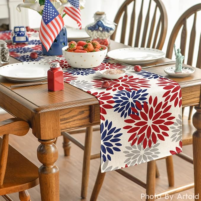 Artoid Mode Red Dahlia Floral Pinnata Memorial Day Table Runner, 4th of July Veterans Day Kitchen Dining Table Decoration for Home Party Decor 13x72 Inch