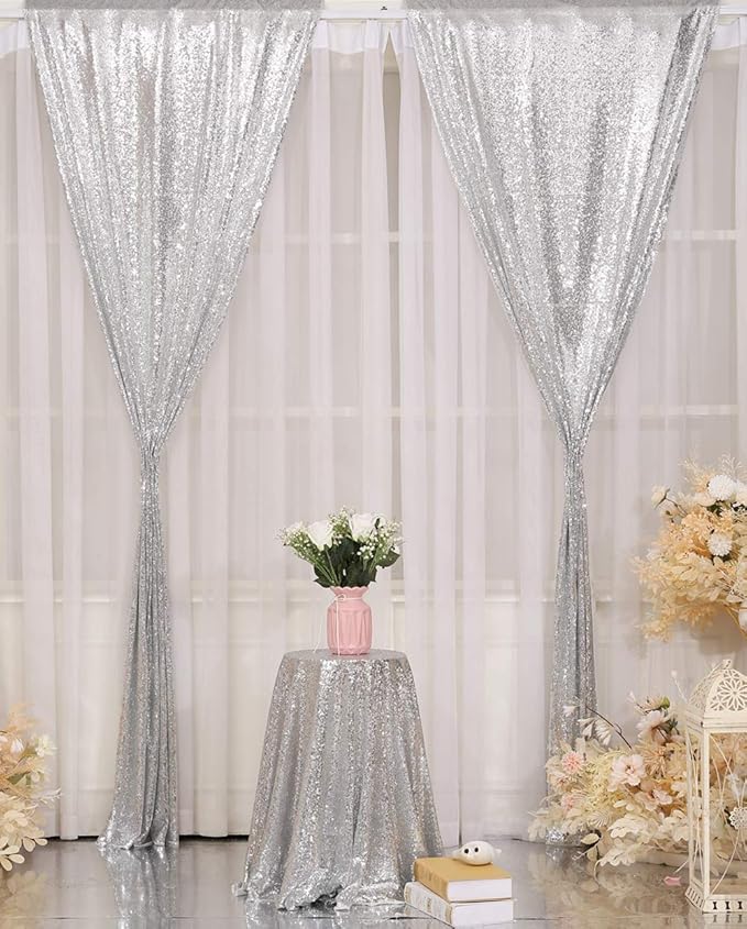 Poise3EHome Sequin Backdrop, 2 Pcs Silver 2ftx8ft Curtains for Party, Wedding, Event, Photography
