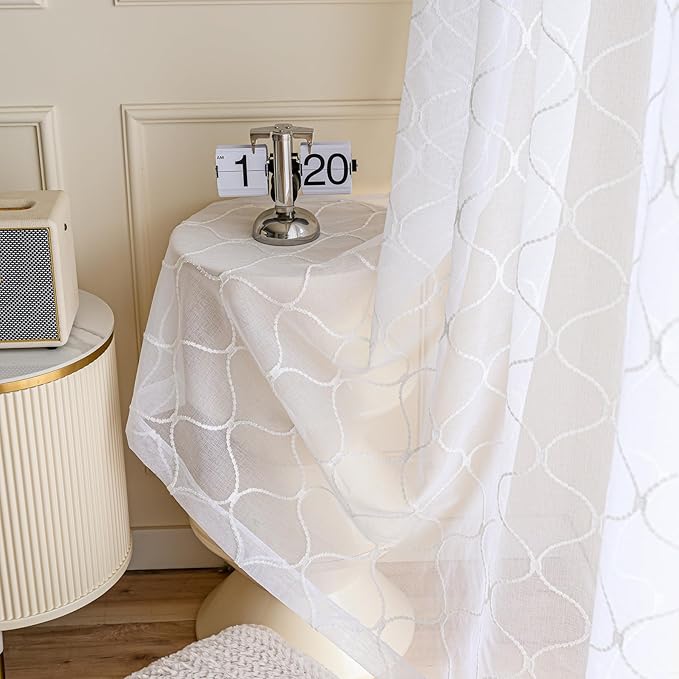 MYSTIC-HOME Embroidery White Sheer Curtains 84 Inches Long, Rod Pocket Sheer Drapes for Living Room, Bedroom, 2 Panels, 52"x84", Semi Crinkle Voile Window Treatments for Yard, Patio, Villa, Parlor.