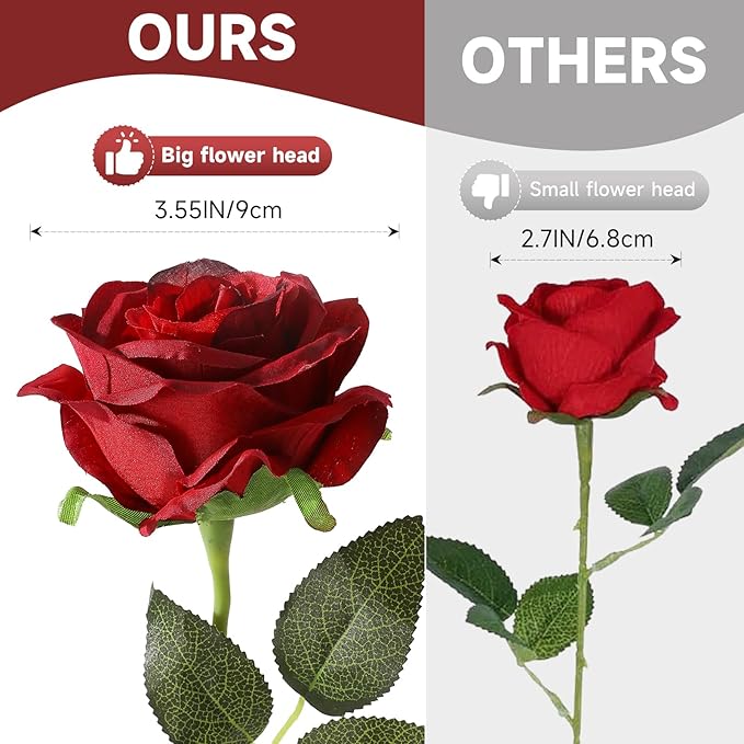 Tifuly 12pcs Red Roses Artificial Flowers,Realistic Long Stem Fake Silk Roses Bouquet for Party Home Wedding Centerpiece Office DIY Decor（Burgundy）