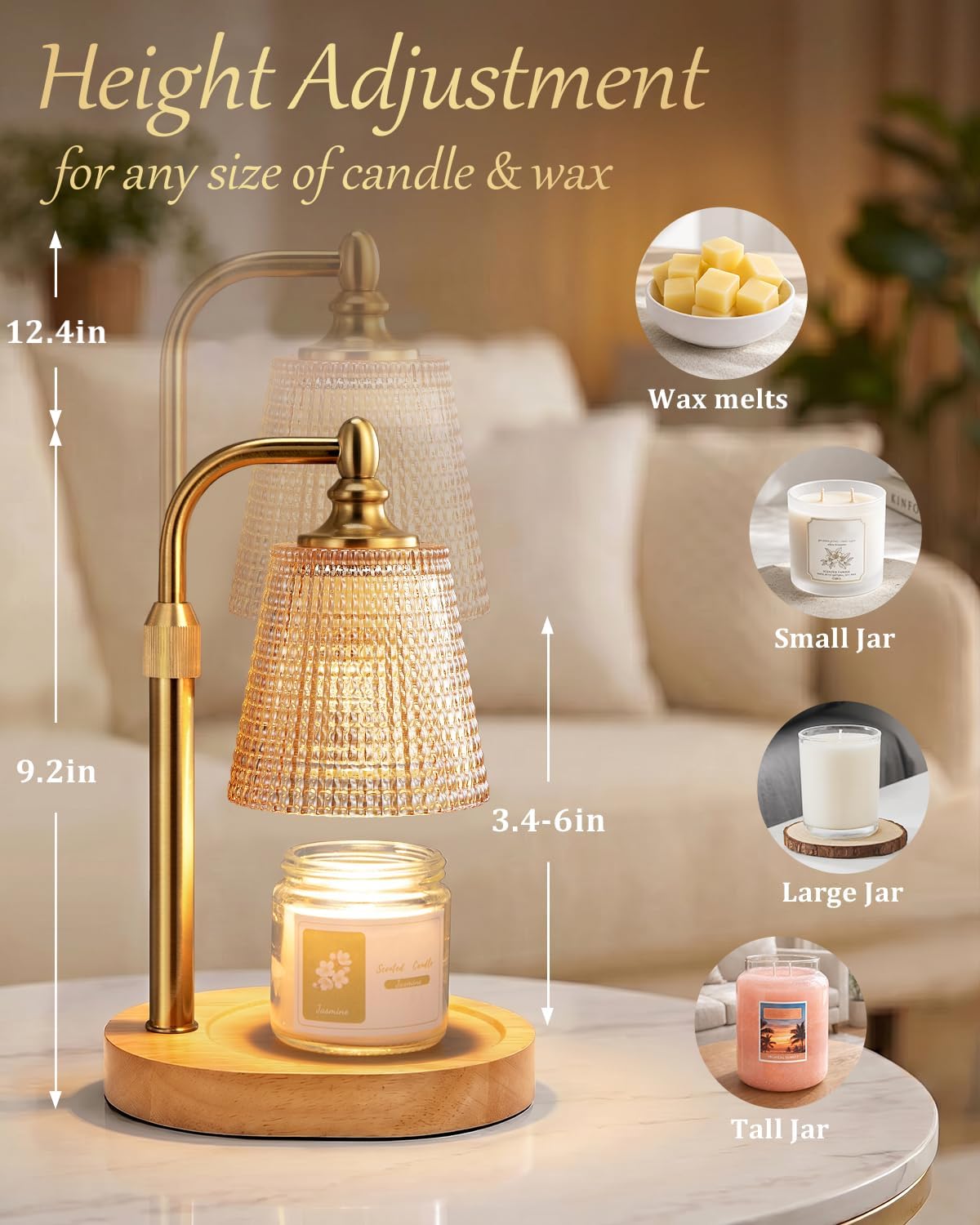 Hong-in Candle Warmer Lamp with Timer Dimmer, Birthday Gifts for Women, House Warming Gifts for New Home, Vintage Room Decor, Adjustable Height Candle Lamp, Wax Warmer for Scented Jar Candles