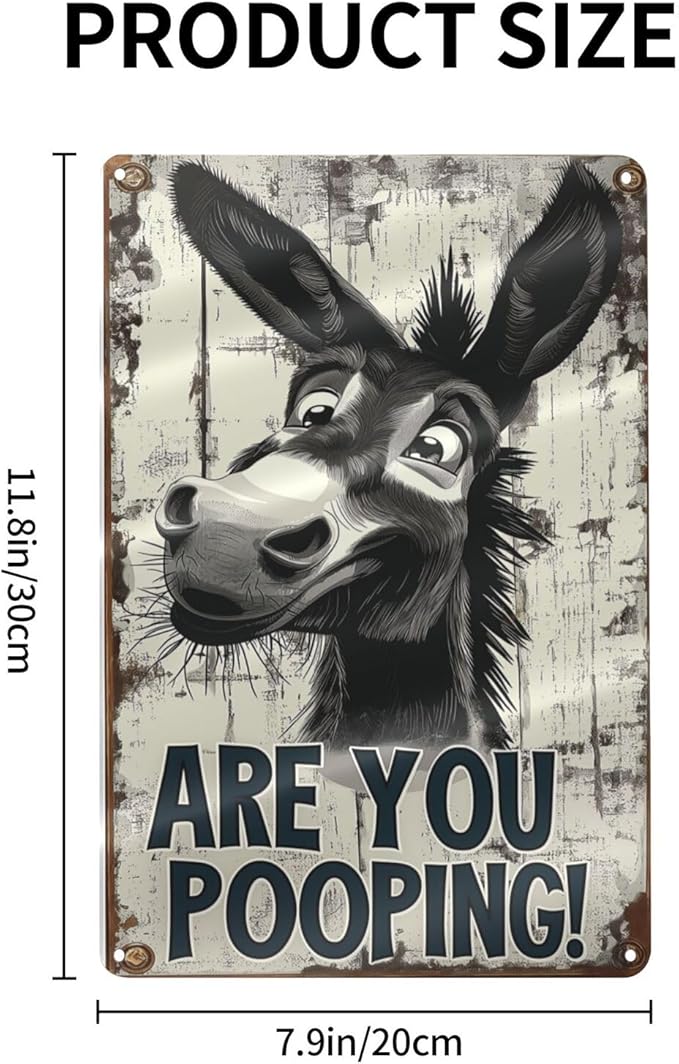 Funny Donkey "Are You Pooping?" Tin Sign - Vintage Bathroom Wall Décor, 8x12 Inches, Humorous Metal Sign for Indoor & Outdoor Use, Farmhouse-Style Wa