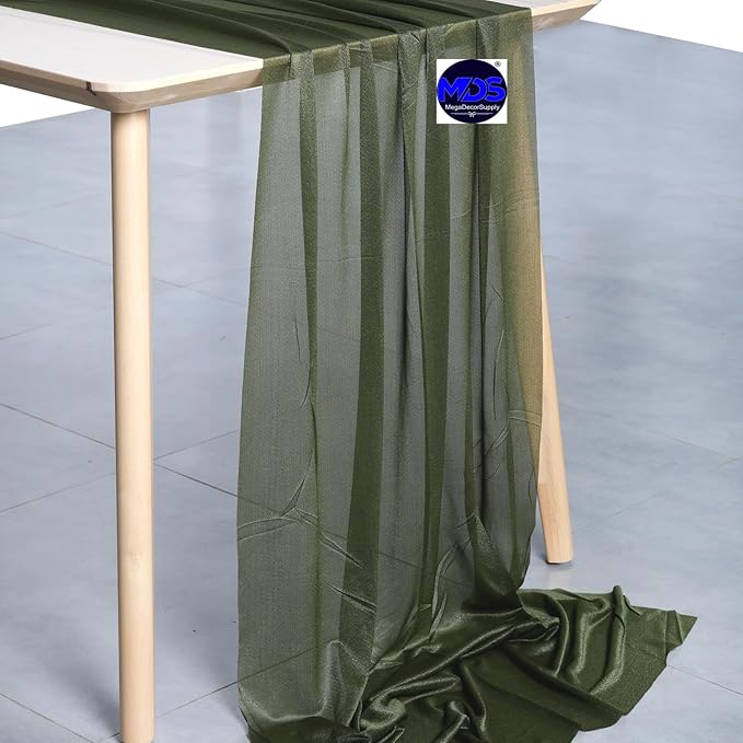 MDS Halloween Chiffon Table Runner - 10 Pack, 29 x 120 Inches, 10ft Each - Sheer Spooky Table Runners for Haunted House Parties, Trick-or-Treat Tables, Witchy Décor, Wedding & Events - Olive Green