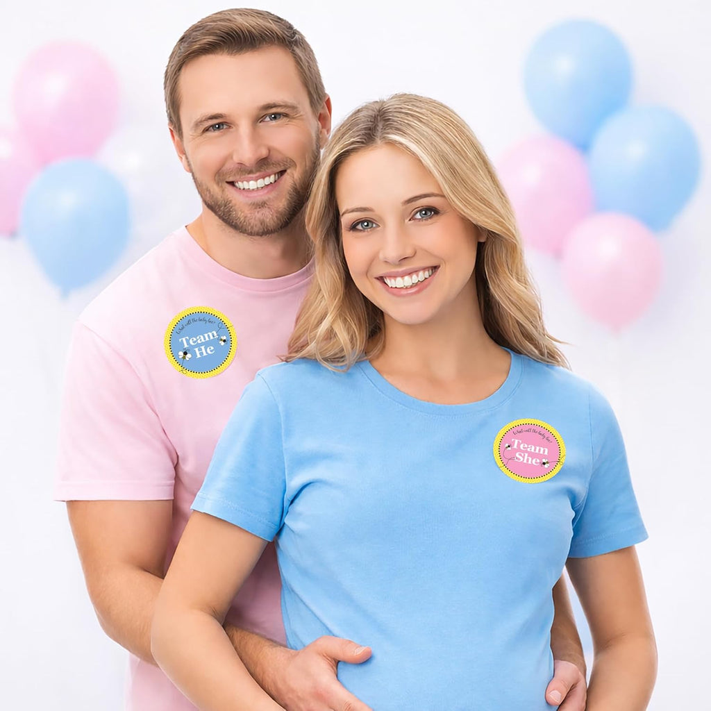 What Will It Bee Gender Reveal Voting Stickers, 40 Count | 1.75 in round, 20 Team He Blue and 20 Team She Pink, Honey Bee Bumble and Hive Theme