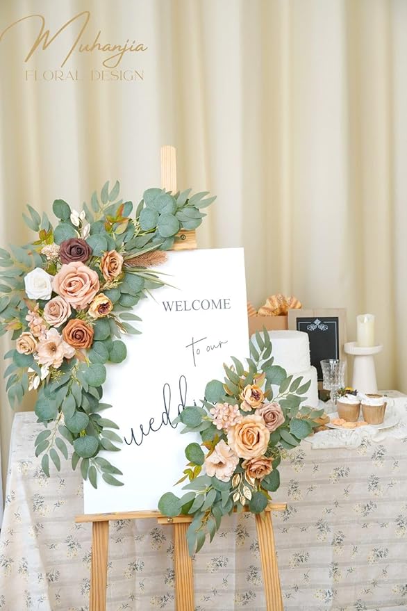 Wedding Sign Faux Flower Swag (Pack of 2) for Ceremony Party Reception Entrance Floral Decor Wall Easel Stand for Wedding Poster Welcome Sign (Terracotta)