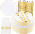 NOCCUR 350PCS Gold Disposable Dinnerware Set for 50 Guests - White and Gold Plastic Plates Include 50 Dinner/Dessert Plates, 150 Silverware and 50 Napkins/Cups Ideal for Fall Party&Thanksgiving