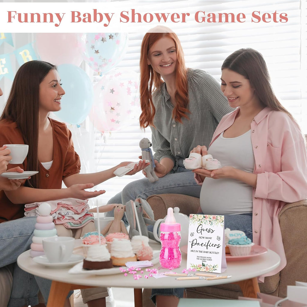 Roowest 512 Pcs Baby Shower Games Guess How Many Pacifiers Sign 100 Small Guessing Games 10 HB Pencils 750ml Milk Bottle 400 Acrylic Pacifiers Decoration for Guest Gender Reveal(Pink,Flower)
