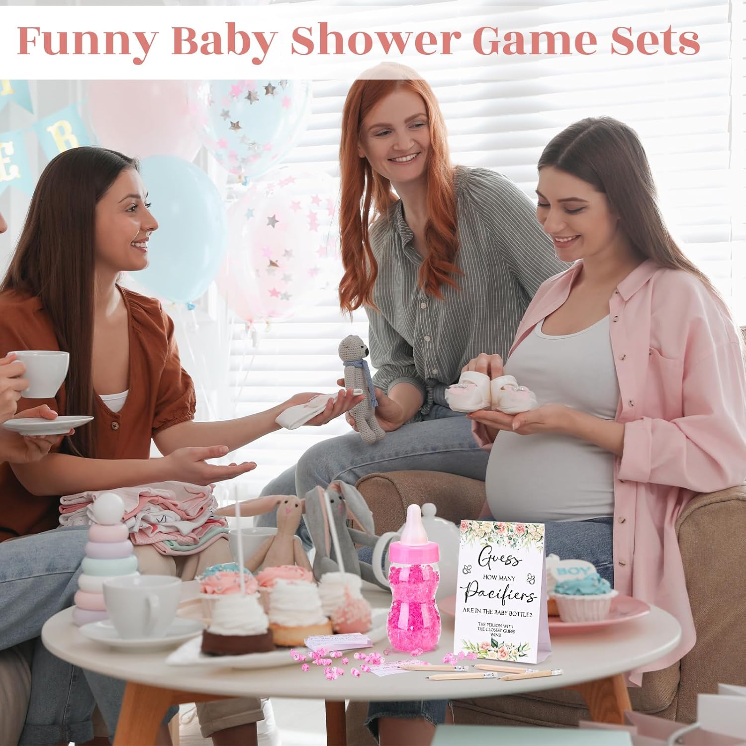 Roowest 512 Pcs Baby Shower Games Guess How Many Pacifiers Sign 100 Small Guessing Games 10 HB Pencils 750ml Milk Bottle 400 Acrylic Pacifiers Decoration for Guest Gender Reveal(Pink,Flower)