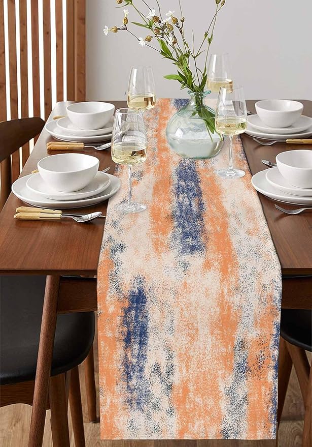 Vintage Oil Painted Cotton Linen Table Runner for Dining Kitchen, Wedding Outdoor Party Tablerunners Decoration, Abstract Modern Orange Minimalist Dresser Scarf Coffee Tablecloth Runners 13x108 Inches