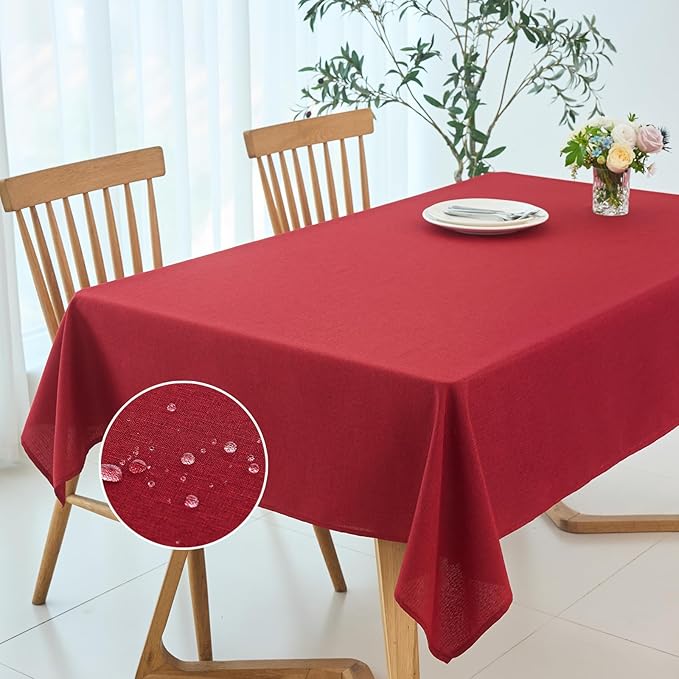 maxmill Linen Texture Tablecloth Stain Resistant Waterproof Wrinkle Free Spillproof Washable Slubby Texture Christmas Table Cloth for Dining Room, Holiday Party Dinner, Rectangle 60 x 140 Inch, Red