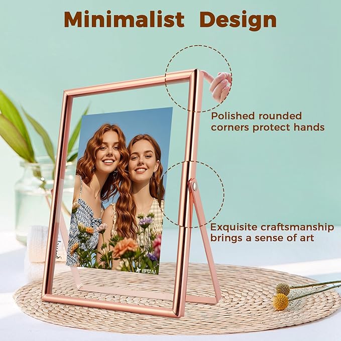 Rose Gold Floating Frame, 5"x7", Vertical, For Picture 4x6, 3.5x5, 2x3, Tabletop Use, Classy Gift For Anniversary, Wedding or Birthday