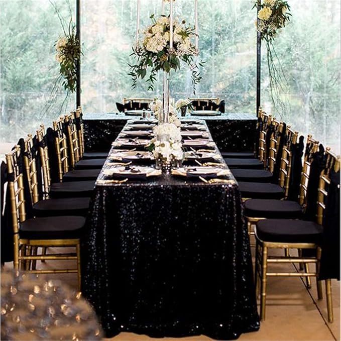 QueenDream Tablecloth 90x156 Rectangle Sequin Tablecloth Black Wedding Table Linens Glitter Birthday Bridal Party Indoor Outdoor Decorations