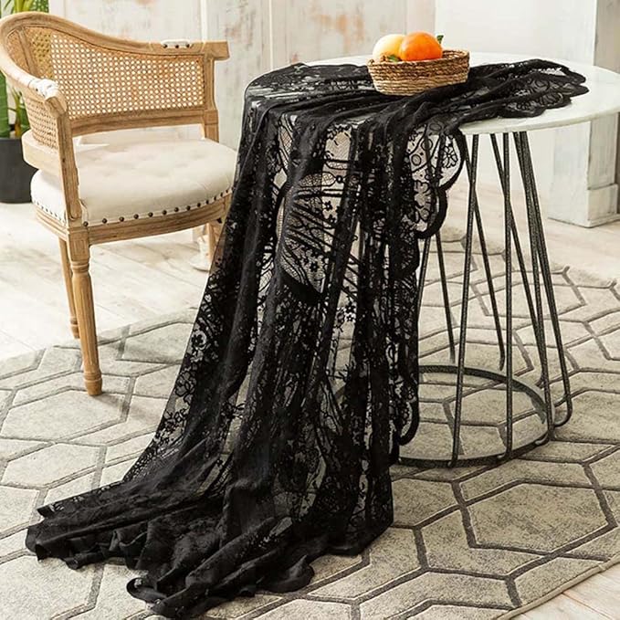 Vintage 60 inch Black Lace Tablecloth Floral Embroidered Boho Shabby Chic Small Table Cover for Wedding Halloween Party Dinning Holiday, 1 Piece