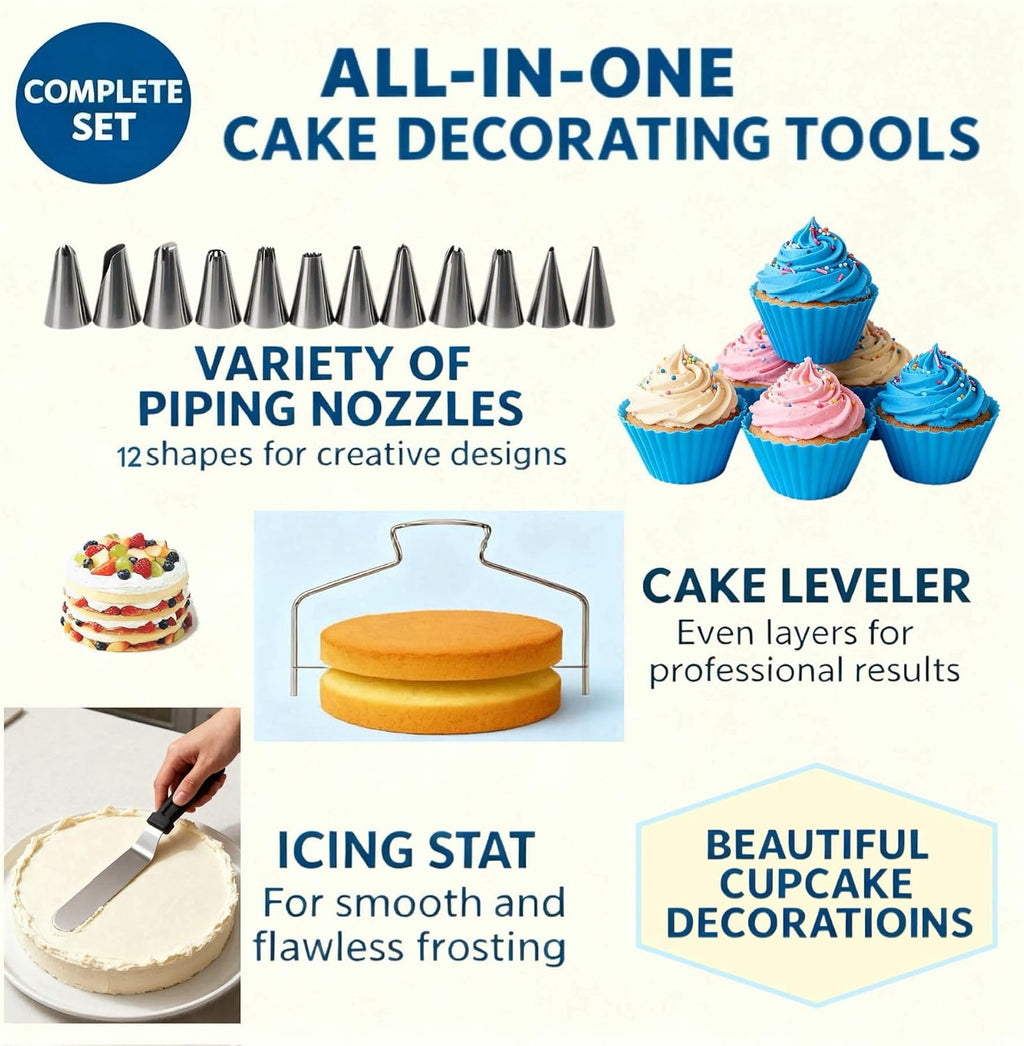 82 Pcs Cake Decorating Kit with Non-Slip Turntable, Stand,Leveler, 12 Piping Nozzles, Spatulas,Cupcake, 2 Reusable & 50 Disposable Bags,Complete Starter Set for Beginners & Home Bakers