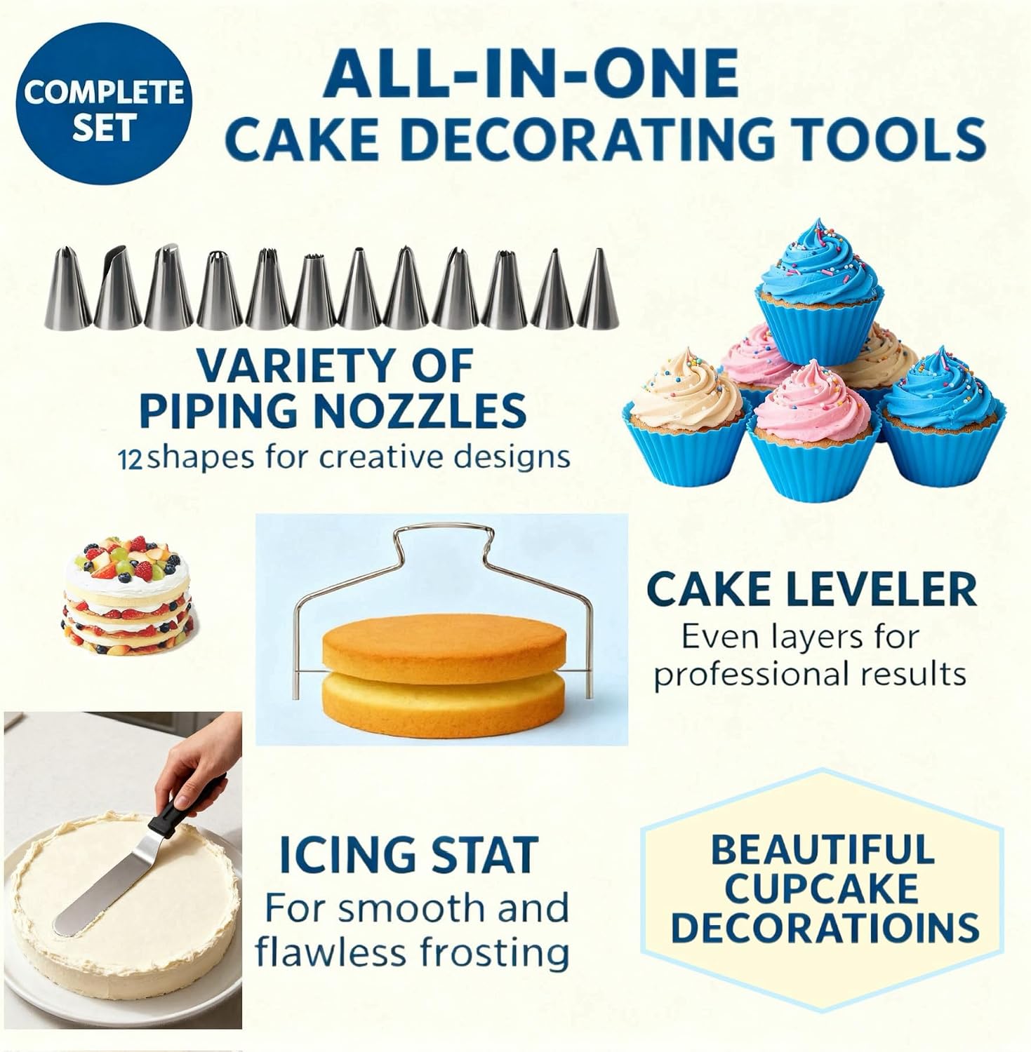 82 Pcs Cake Decorating Kit with Non-Slip Turntable, Stand,Leveler, 12 Piping Nozzles, Spatulas,Cupcake, 2 Reusable & 50 Disposable Bags,Complete Starter Set for Beginners & Home Bakers