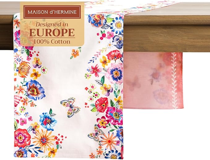 Maison d' Hermine Table Runner 100% Cotton Double Layer Table Runners 108 inches Long Decorative for Home Dining Party Wedding Bridal Shower Spring Summer (Happy Florals - High Summer, 14.50" x 108")