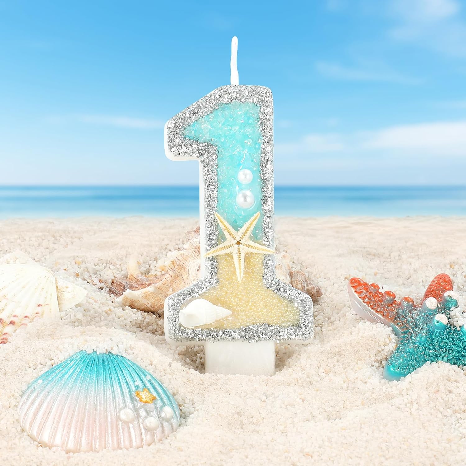 Beach Birthday Candle Starfish Number 1 Candles 1st Cake Candle Blue Birthday Cake Topper Cupcake Decorations Party Decor Anniversary Celebrations Supplies Favors