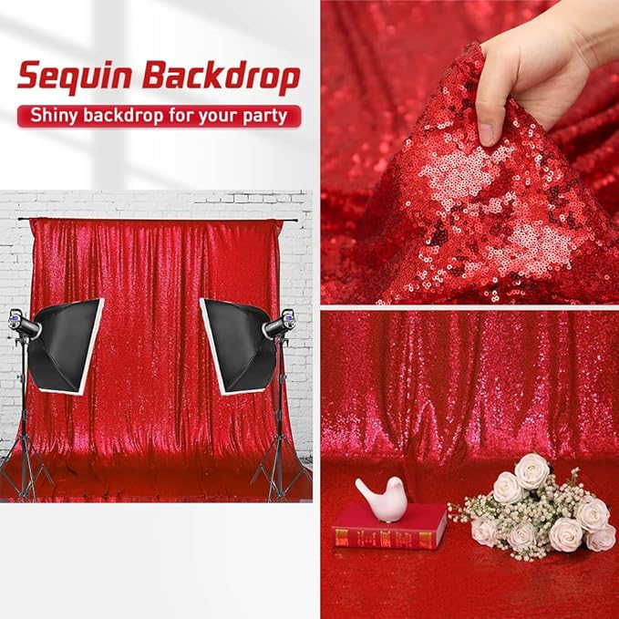 Eternal Beauty Sequin Backdrop Curtains, 2x8 Ft-2 Panels Red Back Drop for Shimmer Photography Party Wedding Birthday Decor