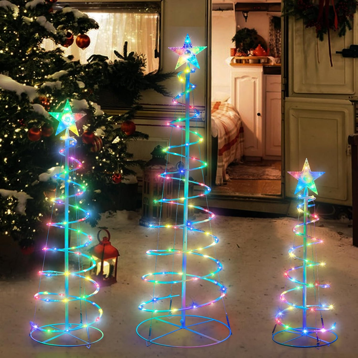 set of 3 christmas spiral tree lights, 3/4/5 showing dimensions