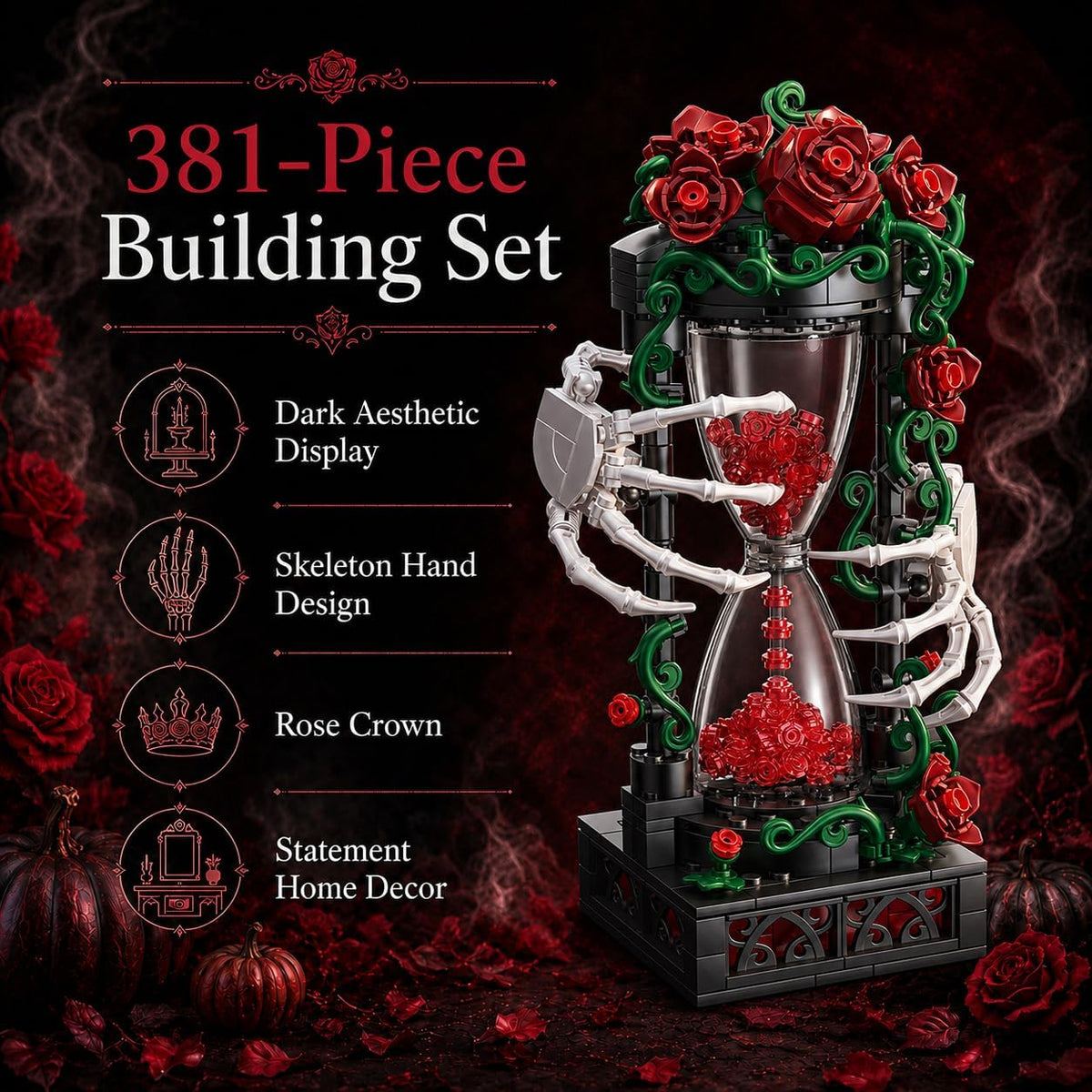 Gothic Halloween Building Set, Skeleton Hand Rose Hourglass Display Model