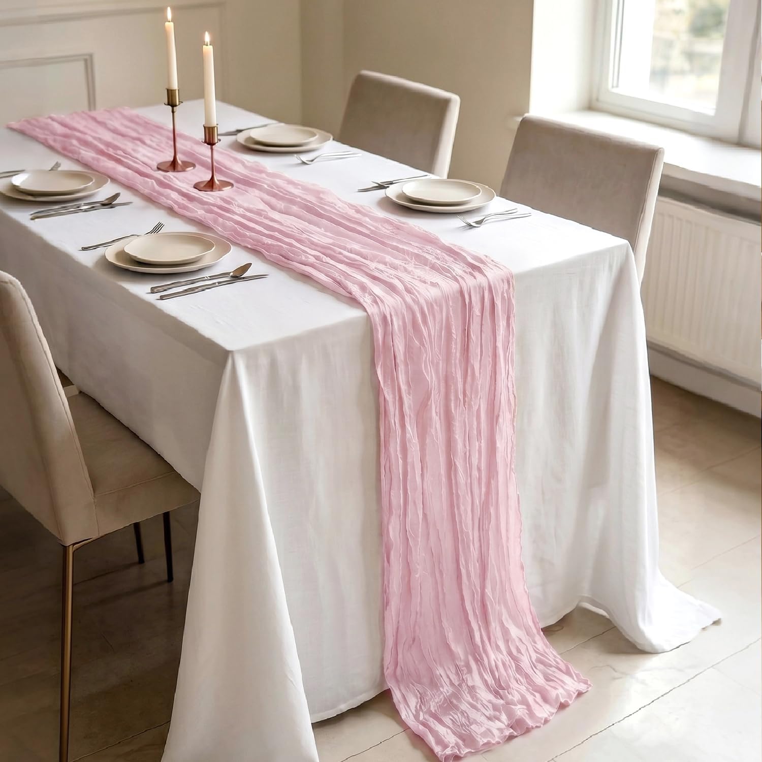3 Pack Light Pink Cheesecloth Table Runner 21 x 120 Inch Boho Gauze Sheer Table Runner 10FT Long for Wedding Baby Shower Bridal Shower Easter Holiday Birthday Home Decor