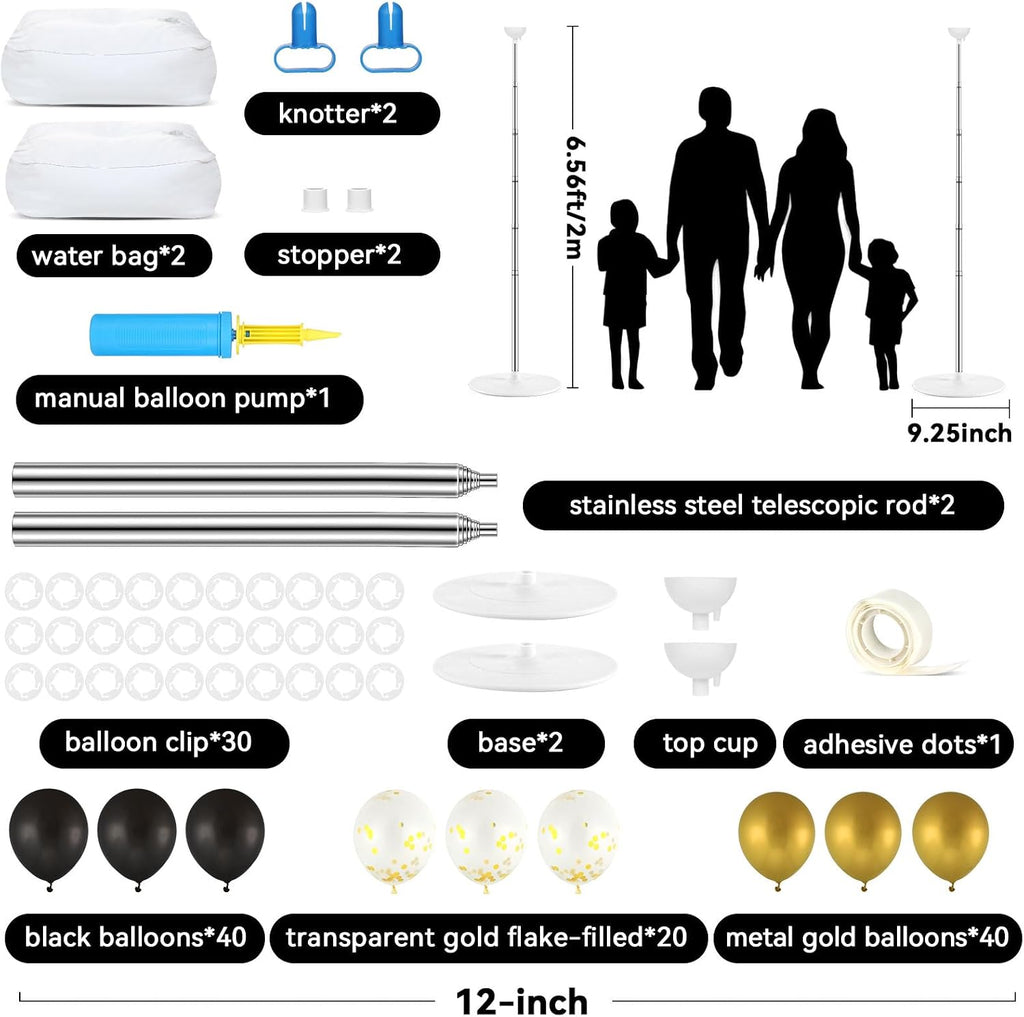 2 sets black and gold balloon column stand shown in use