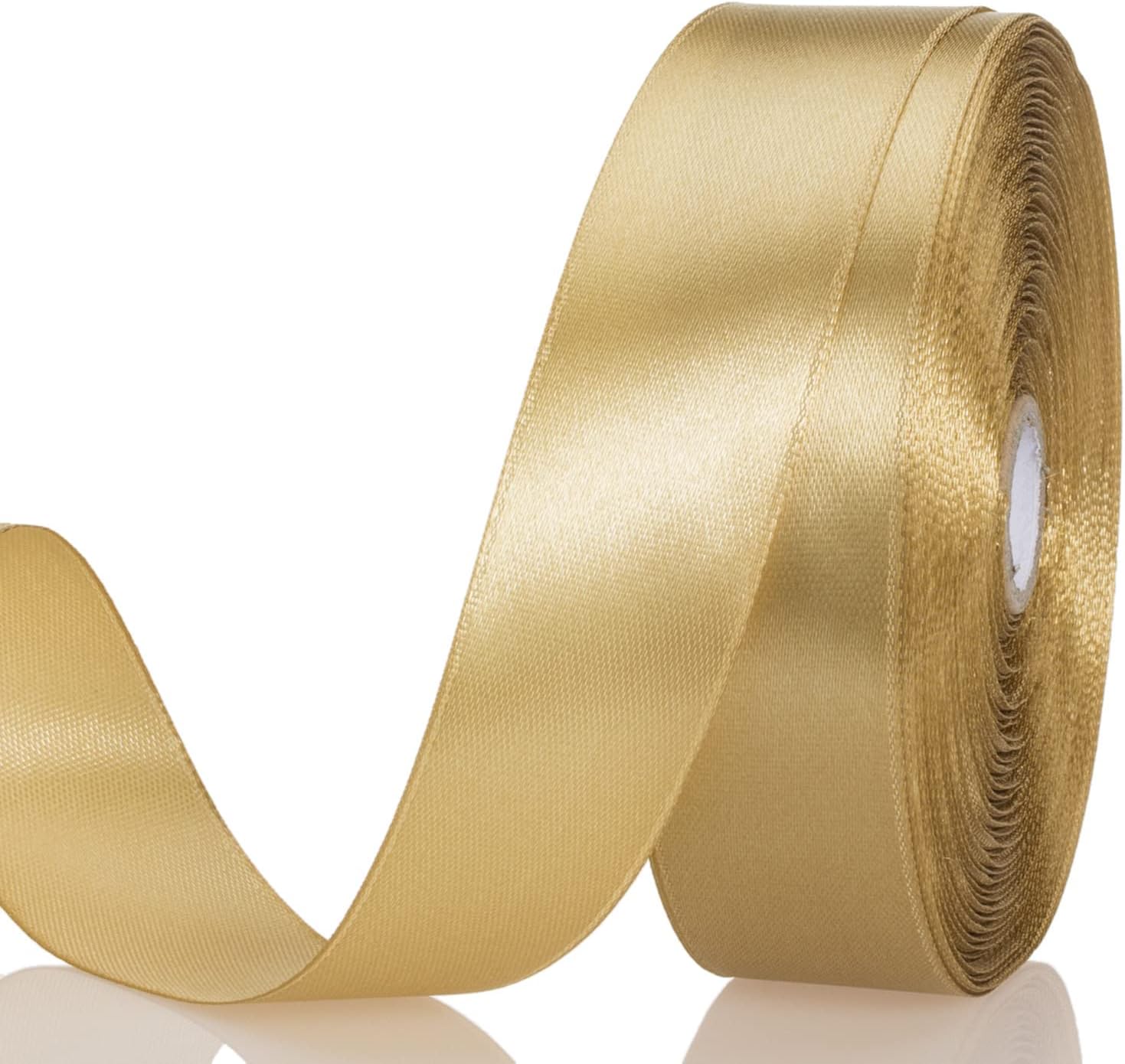 YASEO 1 Inch Champaign Gold Solid Satin Ribbon for Gift Wrapping, 50 Yards | Soft, Satiny, Colorfast, Polyester Fabric, Ease of Use, Bouquets, Decor, Crafting DIY, Leis, Christmas, Wedding