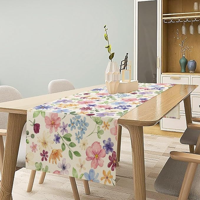 Floral Decorative Table Runner, Watercolor Floral Botanical Rustic Modern Style Pattern Printed Long Table Runner for Restaurant Kitchen Party,13in（33cm） W * 120in（305cm） L