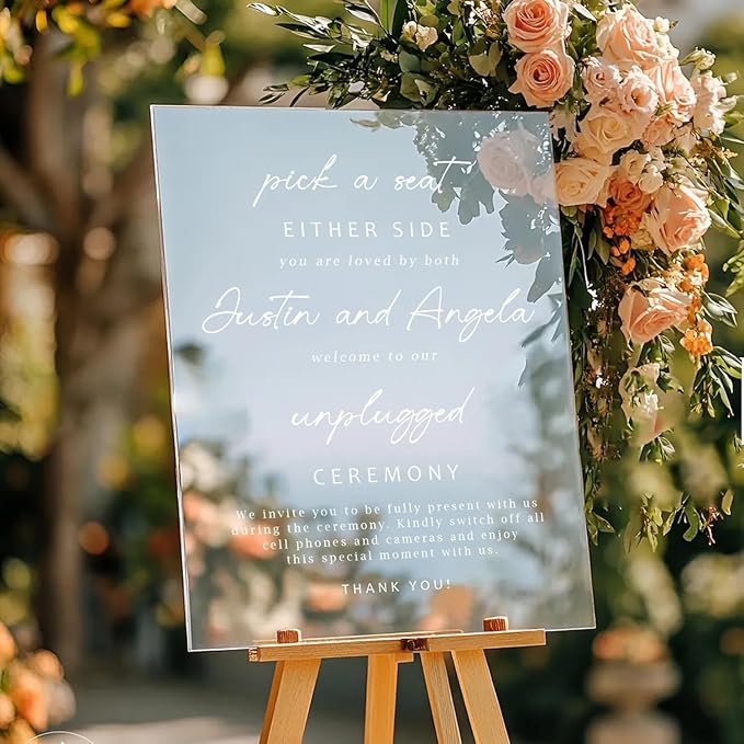 Minimalist Pick a Seat & Unplugged Wedding Sign – Custom Outdoor Yard Sign – Black and White Script Design