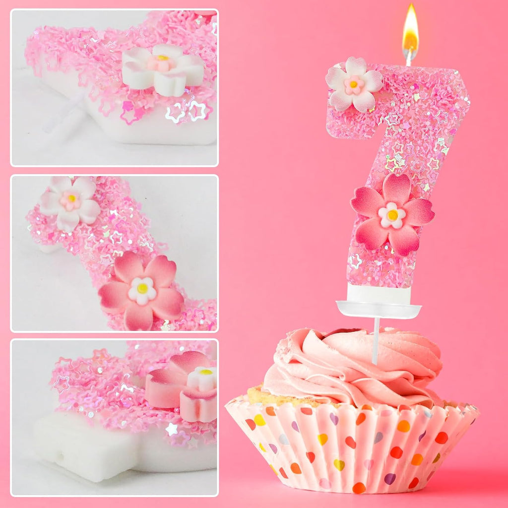 Pink Flower Birthday Candle,Number Birthday Candles for Cake, Ideal Birthday Parties Cake Decor, Wedding Anniversary and Other Celebrations (Number 7, Pink)