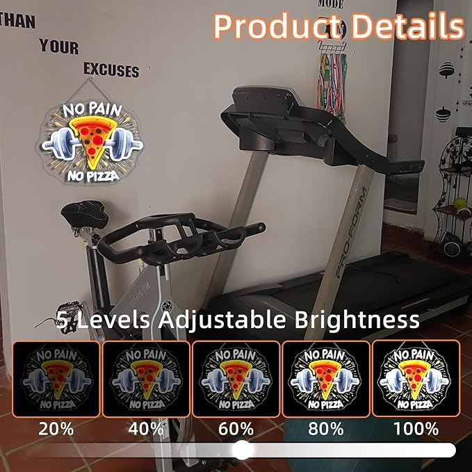 Lucunstar Gym Neon Sign No Pain No Pizza UV Printed Light Signs For Wall Decor Dimmable Dumbbell Barbell Led Lights Decoration Fitness Club Gift For Teens Sports Room USB Powered 14.57 x 12.6 inches