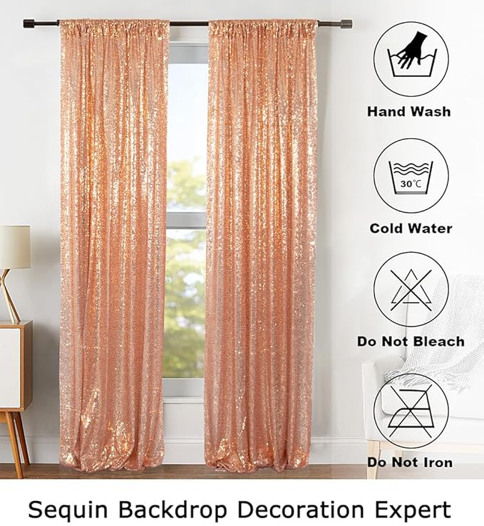 ShinyBeauty Sparkle Backdrop Curtain Rose Gold 2 Panels Set Photo Backdrops 2FTx8FT Sequin Curtains for Birthday Party Pack of 2-1220S