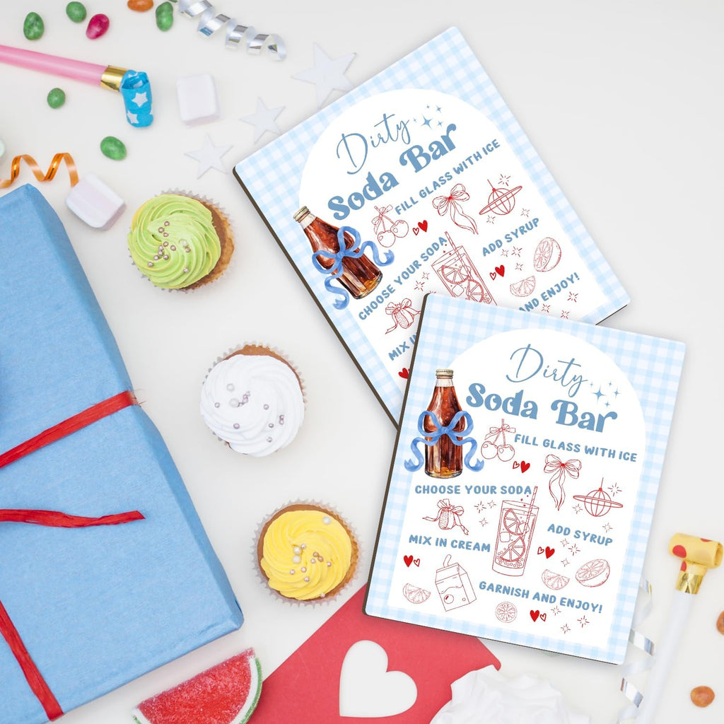 She's Ready to Pop Dirty Soda Bar Sign with Menu, Wooden Tabletop Welcome and Recipe Board for Gender Reveal Party, Beverage Setup Sign 8x10 Inch, Blue Bridal Shower and Wedding Decor