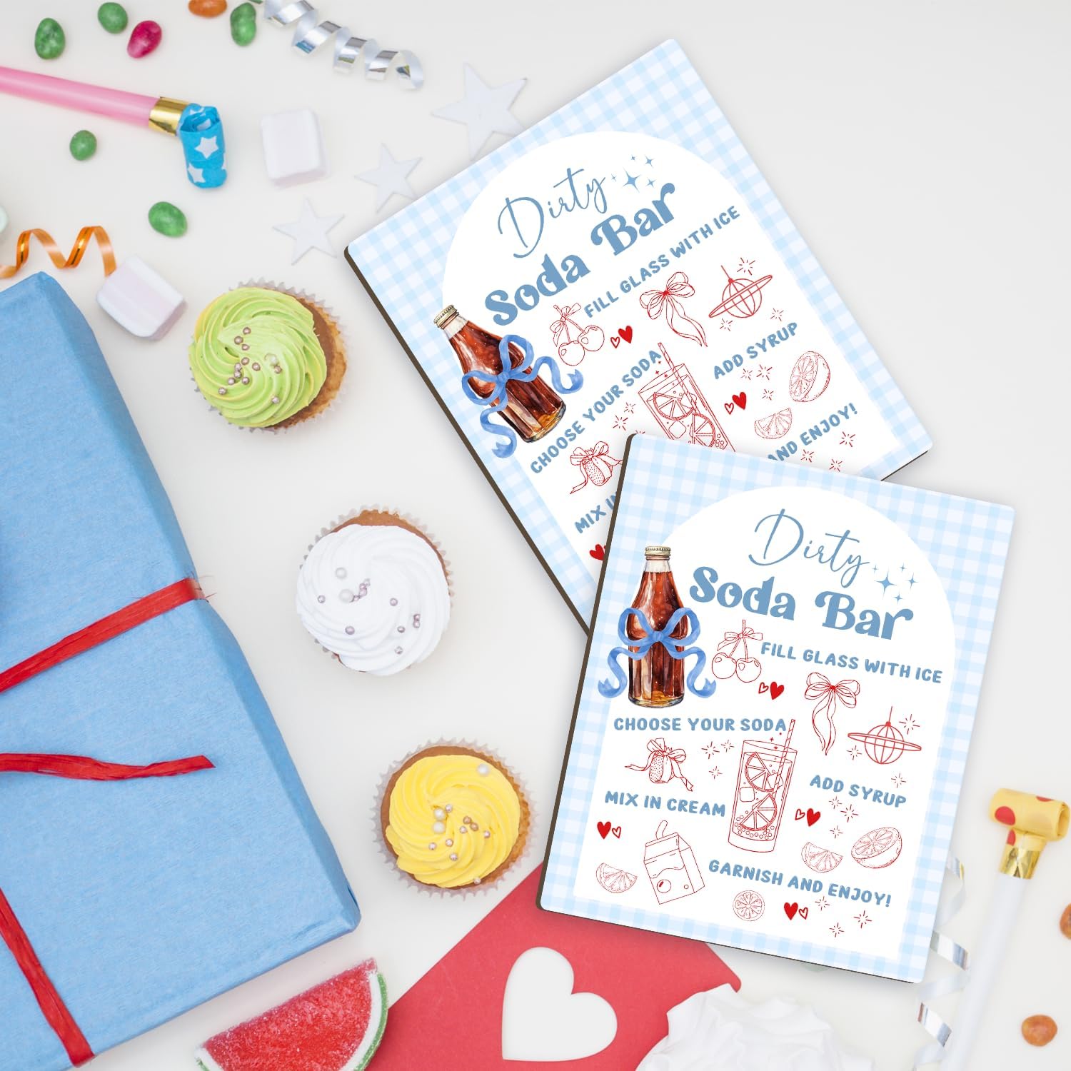 She's Ready to Pop Dirty Soda Bar Sign with Menu, Wooden Tabletop Welcome and Recipe Board for Gender Reveal Party, Beverage Setup Sign 8x10 Inch, Blue Bridal Shower and Wedding Decor