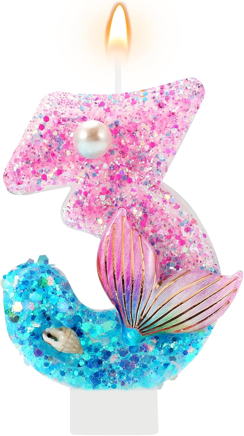 AKURIEEY Mermaid 3rd Birthday Candle Pink Blue Numbers 3 Candle for Girls Cake Topper Cupcake Decorations Ocean Theme Party Decor Anniversary Celebrations Supplies