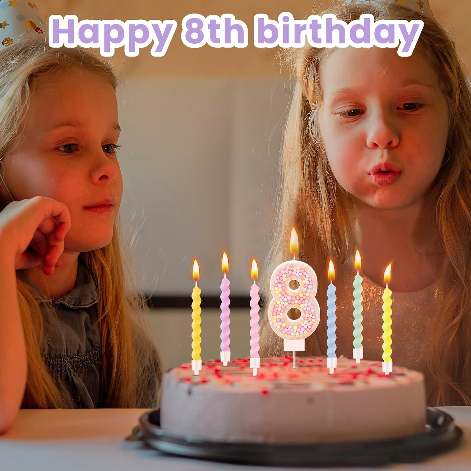 MTLEE Number 8 Birthday Candle with 12 Pcs Spiral Candles for Girls Macaron Pastel Rainbow Unicorn Pink Cake Topper for Sweet Theme Party Decoration