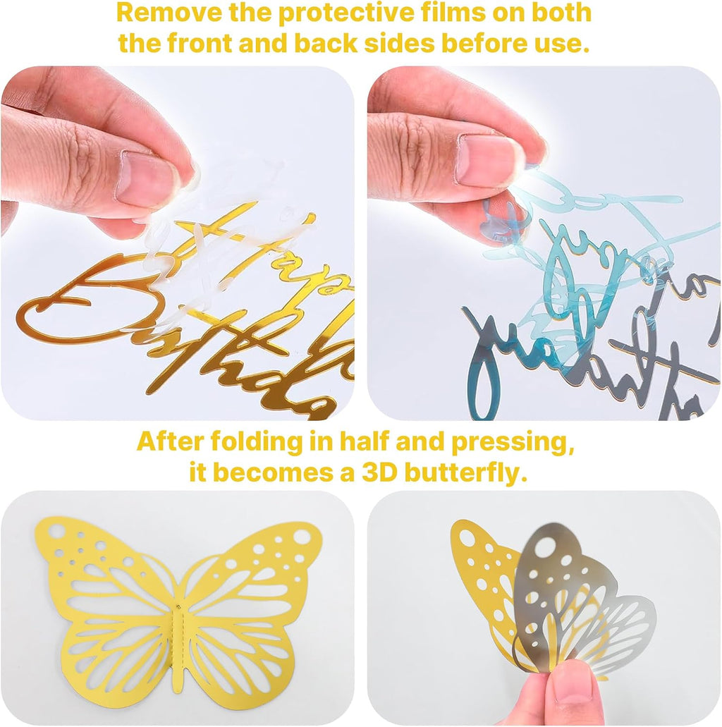 Crown Cake Topper, Corona Para Pastel, Crown Happy Birthday Cake Toppers Balls Candles Butterflies, Birthday Crown for Women Queen Princess Party Wedding Cake Decor (Rose Gold, White)