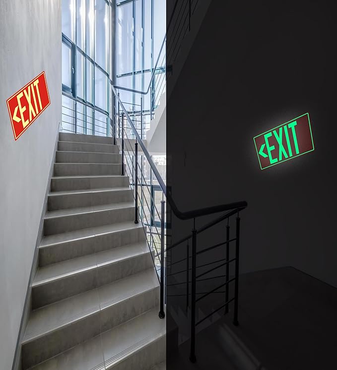 2Pack Photoluminescent Exit Sign Sticker, Glow In The Dark EXIT Signs, 12"x 7" EXIT Signs with Self-Adhesive Backing, Includes 4pcs Removable Arrows