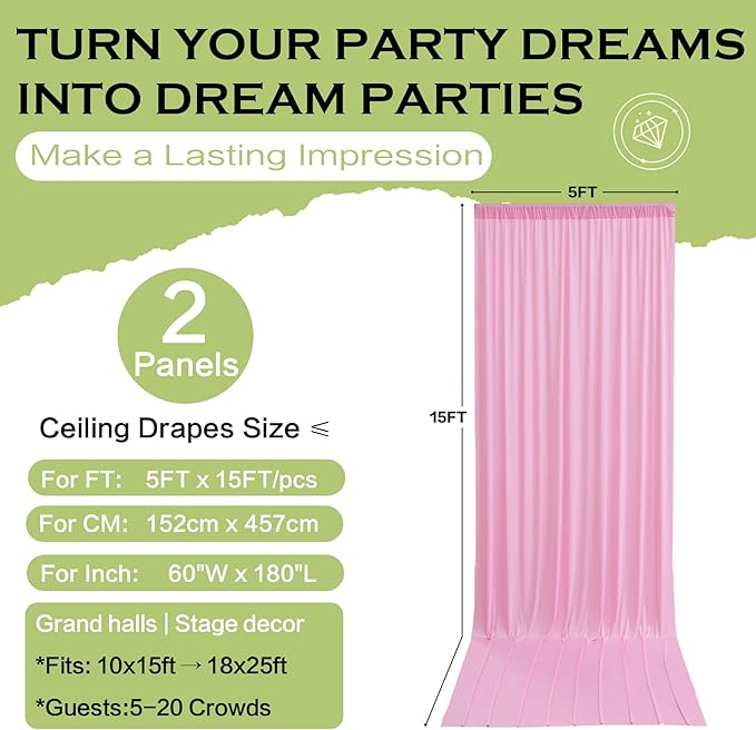 PartyVillage 10ft×15ft Baby Pink Backdrop Curtain for Wedding Parties, 2 Panels Wrinkle Free 15 FT Long Polyester Photo Backdrop Drapes Back Drop Cloth for Birthday Photography Background