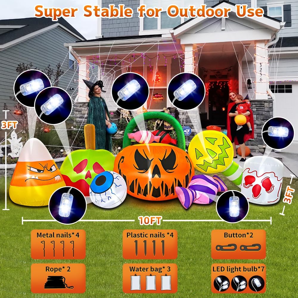 10 FT Halloween Inflatable Blow up Outdoor Decorations Pumpkin Ghost Combo, H...